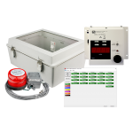Collage showing environmental enclosure, Model 272D remote display, strobe and horn, and screenshot of Model 375 Ethernet software